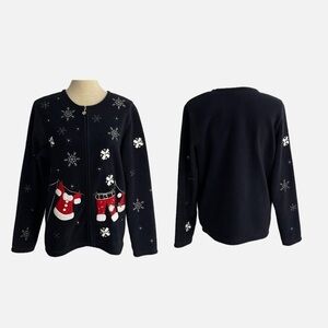 Denver Hayes Women’s Christmas Fleece Sweater Size XL Embroidered Beaded Blue